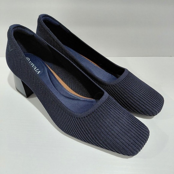 Vivaia Shoes - Vivaia Melody 2.0 Navy Blue Ribbed Knit Square Toe Block Heel Pumps Size 39